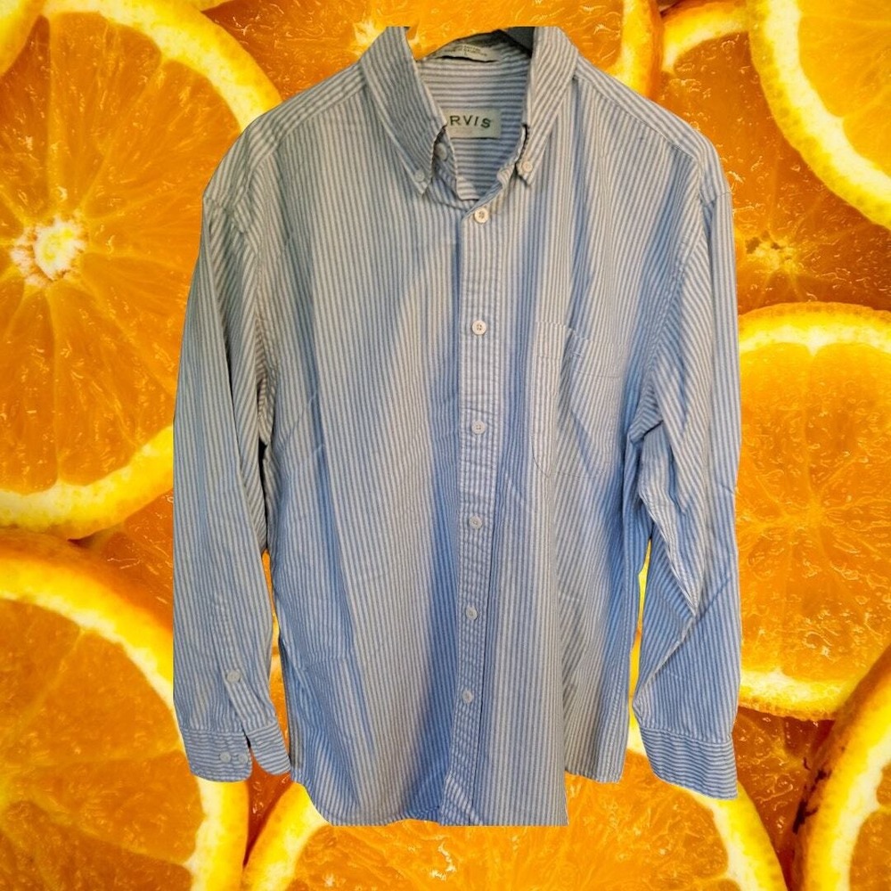 Orvis 100% Cotton Blue and WHite Striped Button Up Shirt Size Large25